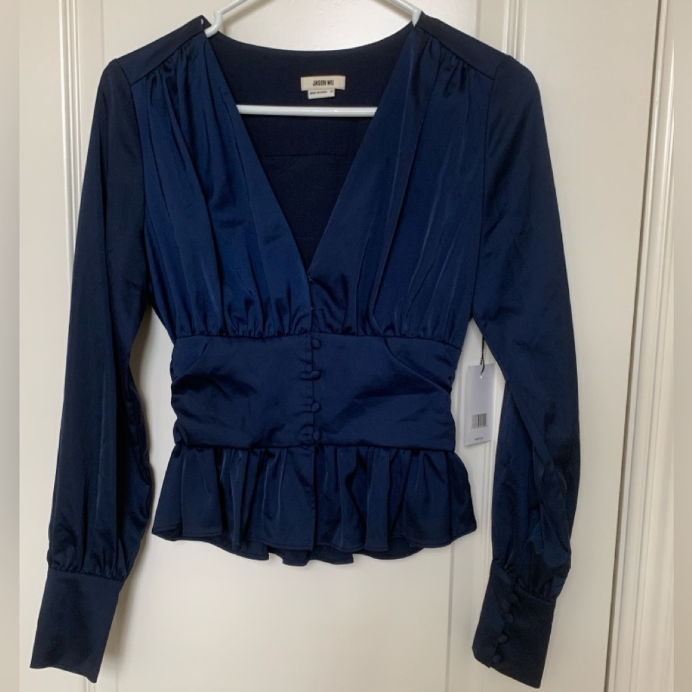 Jason Wu Navy Blue Satin Peplum Blouse V-Neck Ruched Cocktail Top XS NWT
